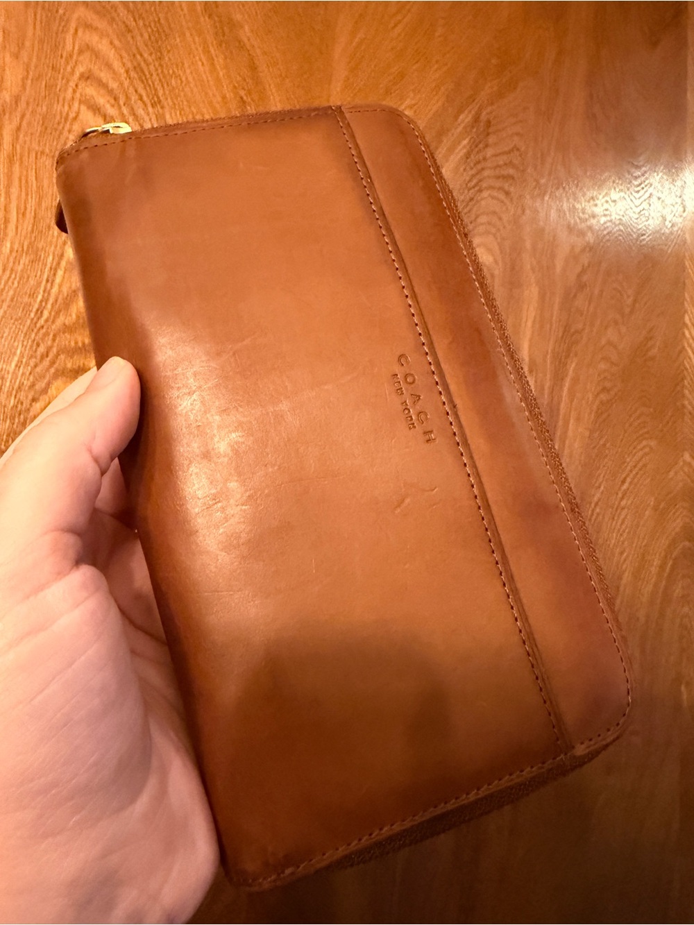 Coach Brown Leather Zip Wallet with Gold-Tone Hardware - pre loved, small spot